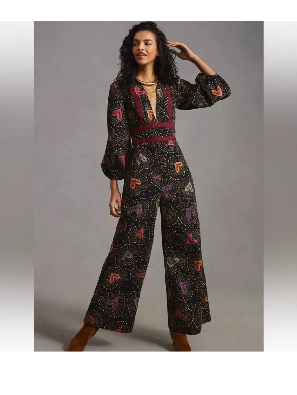 FARM Rio Black Heart-Print Wide-Leg Jumpsuit with Multicolor Hearts